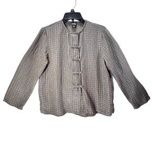 Eileen Fisher XS Jacket Textured Silk Linen Olive Green Mandarin Collar Buttons